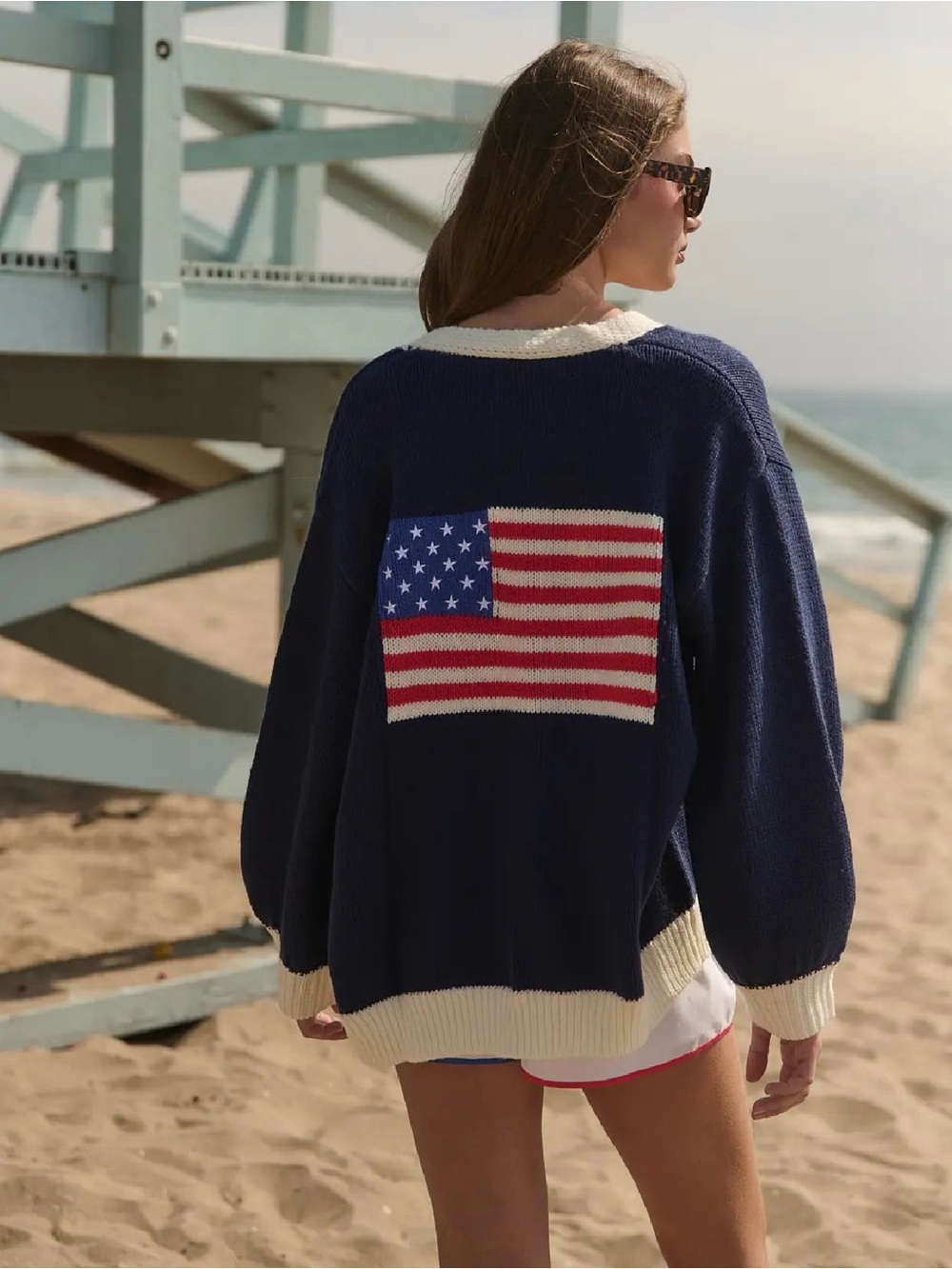 Navy Flag Knit Sweater with Cream Trim - Women